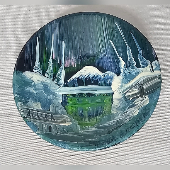 Mini Hand Painted Gold Pan Artist Signed Mountain Lake Stream Scene - Picture 1 of 5